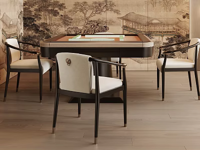 Chinese Style Entertainment Table With Mahjong Setup And Modern Chairs Against Traditional Mural 3d model