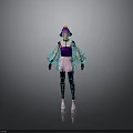 Vibrant Fashionable Woman In Purple Top Pink Skirt And Blue Sheer Sleeves With Futuristic Headpiece