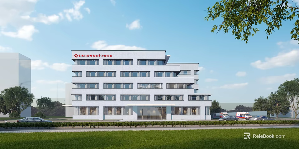 Modern White Hospital Building Exterior With Multiple Floors Uniform Windows And Front Lawn 3d model 
