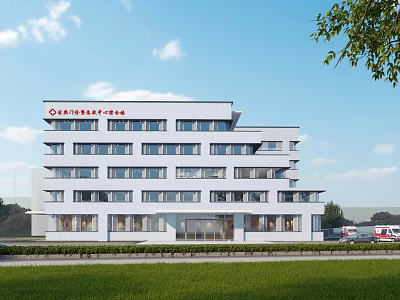 Modern White Hospital Building Exterior With Multiple Floors Uniform Windows And Front Lawn 3d model