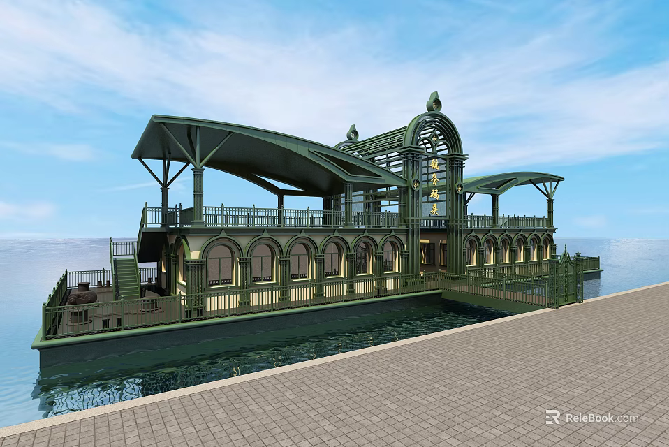Stunning Waterfront Landscape With Green Roof Arched Windows Calm Water And Blue Sky 3d model 