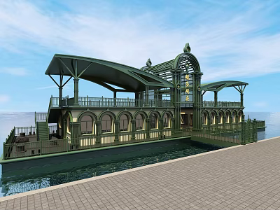 Stunning Waterfront Landscape With Green Roof Arched Windows Calm Water And Blue Sky 3d model