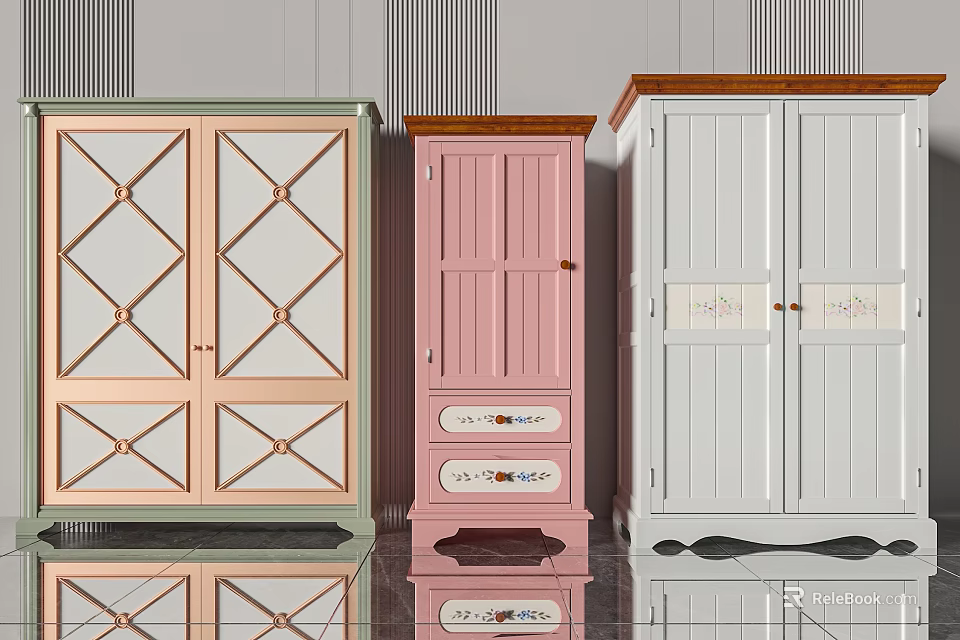 Colorful Vintage Wardrobes With Decorative Doors Drawers And Classic Design Details 3d model 