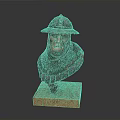 Man's Detailed Sculpted Bust Wearing Medieval Helmet With Chainmail On Wooden Base