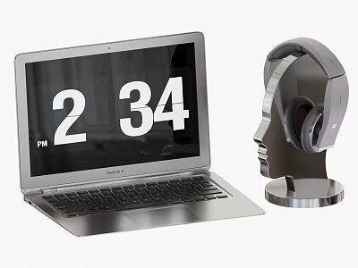 Sleek Modern Laptop Setup With Headphones On Stand And Digital Screen 3d model