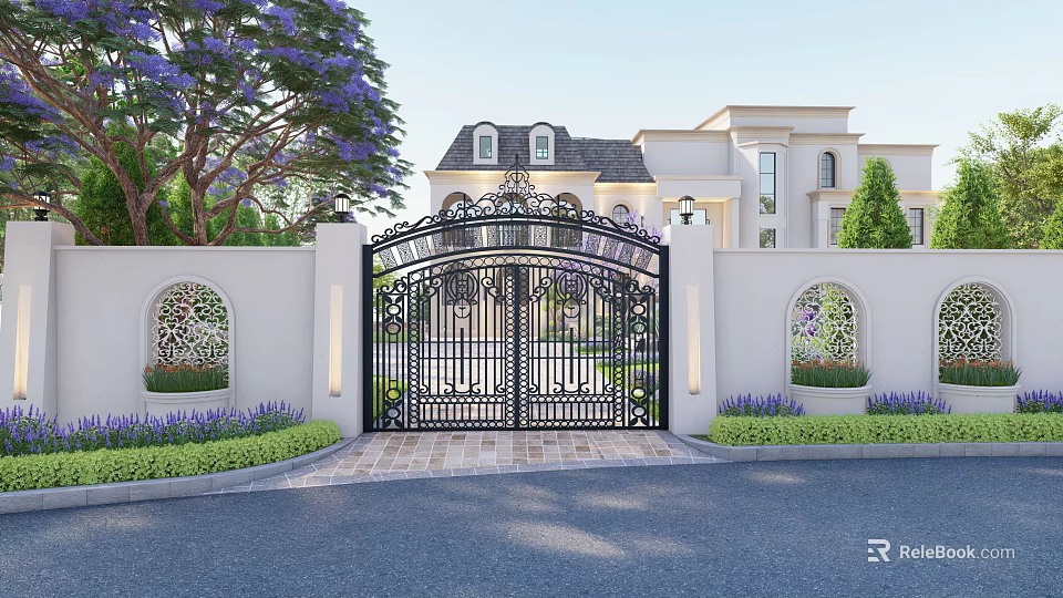 Garden Wall With Iron Gate Ornamental Windows And Purple Flowers Near Villa Exterior 3d model 