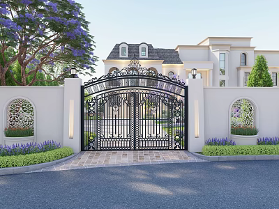 Garden Wall With Iron Gate Ornamental Windows And Purple Flowers Near Villa Exterior 3d model