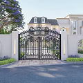 Garden Wall With Iron Gate Ornamental Windows And Purple Flowers Near Villa Exterior