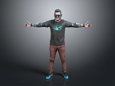 Man in Gray Long Sleeve Shirt With Graphic Brown Pants Blue Shoes Sunglasses Arms Outstretched 3d model