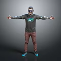 Man in Gray Long Sleeve Shirt With Graphic Brown Pants Blue Shoes Sunglasses Arms Outstretched