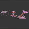 Traditional Chinese Scene Components With Blue Canopy Red Umbrella And Wooden Decorative Structure
