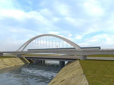 Modern Arch Bridge Spanning River With Blue Sky Green Grass And Road 3d model