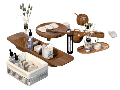 Stylish Bathroom Accessories With Wooden Trays Aromatic Candles And Storage Baskets 3d model