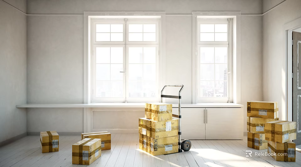 Cardboard Boxes Stacked On Trolley In Bright Room With Windows White Walls And Wooden Floor 3d model 
