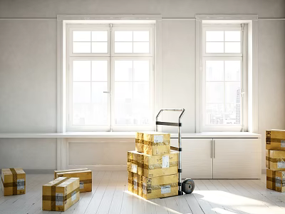 Cardboard Boxes Stacked On Trolley In Bright Room With Windows White Walls And Wooden Floor 3d model
