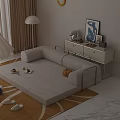 Beige Sectional Sofa With Metal Frame On Rug And Floor Lamp Dessert Coffee Artwork