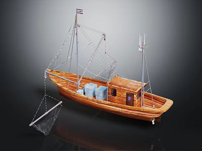 Detailed Wooden Boat With Mast Ropes Fishing Net Small Cabin And Blue Containers 3d model