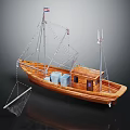 Detailed Wooden Boat With Mast Ropes Fishing Net Small Cabin And Blue Containers