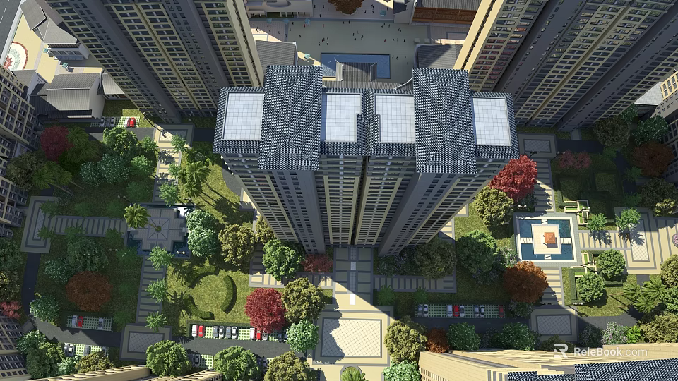 Aerial View Urban Planning With High Rise Buildings Green Spaces And Open Squares 3d model 