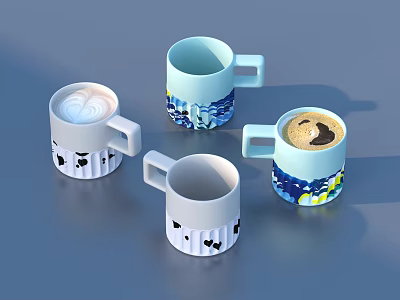 Coffee Drinks With Latte Art In Decorative Mugs With Blue White Patterns And Cow Print 3d model