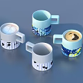 Coffee Drinks With Latte Art In Decorative Mugs With Blue White Patterns And Cow Print