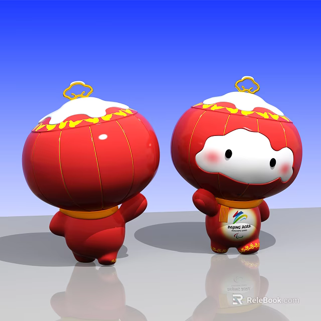 Red Lantern Shaped Cartoon Characters With White Snow Decoration And Yellow Edges 3d model 
