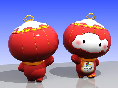 Red Lantern Shaped Cartoon Characters With White Snow Decoration And Yellow Edges 3d model