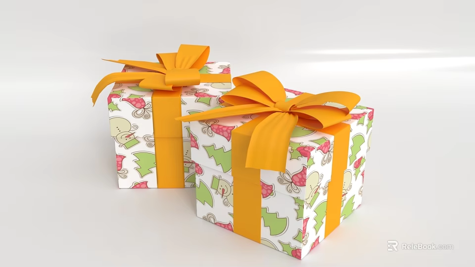 Decorative Gift Boxes with Cartoon Pattern Wrapping Paper and Orange Bows for Everyday Use 3d model 