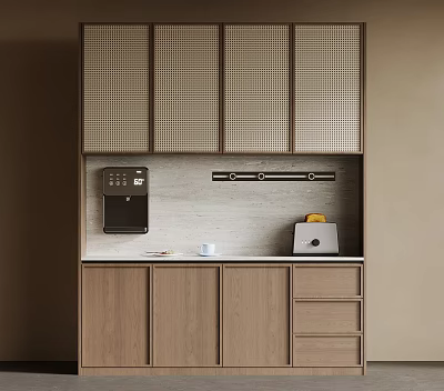 Modern Wooden Wine Cabinet Design With Storage Drawers And Display Shelves 3d model