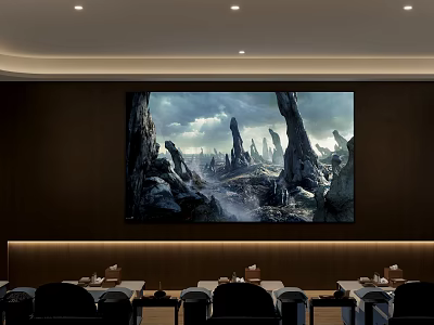 Hotel Room Interior With Large Landscape Painting Featuring Rock Formations And Sky Scenery 3d model