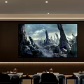 Hotel Room Interior With Large Landscape Painting Featuring Rock Formations And Sky Scenery