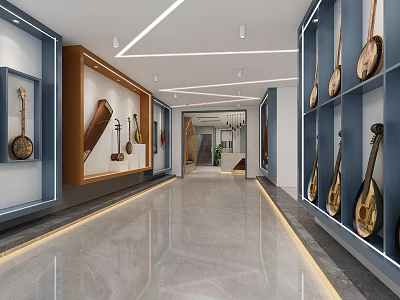 Modern Musical Instrument Store With Traditional Chinese Instruments On Display Shelves 3d model