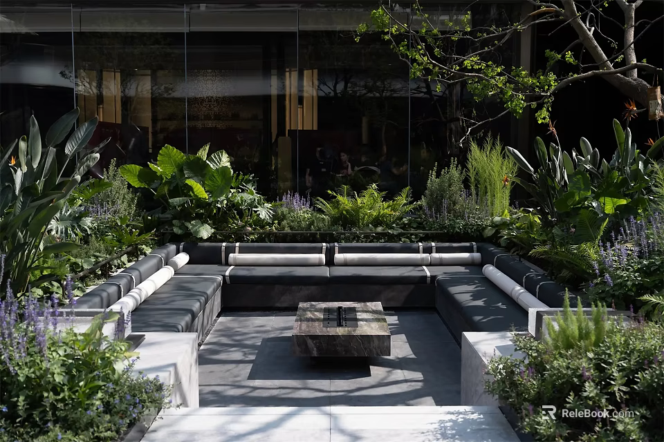 Modern Outdoor Landscape Seating With Central Stone Table And Surrounding Greenery 3d model 