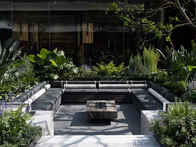 Modern Outdoor Landscape Seating With Central Stone Table And Surrounding Greenery 3d model