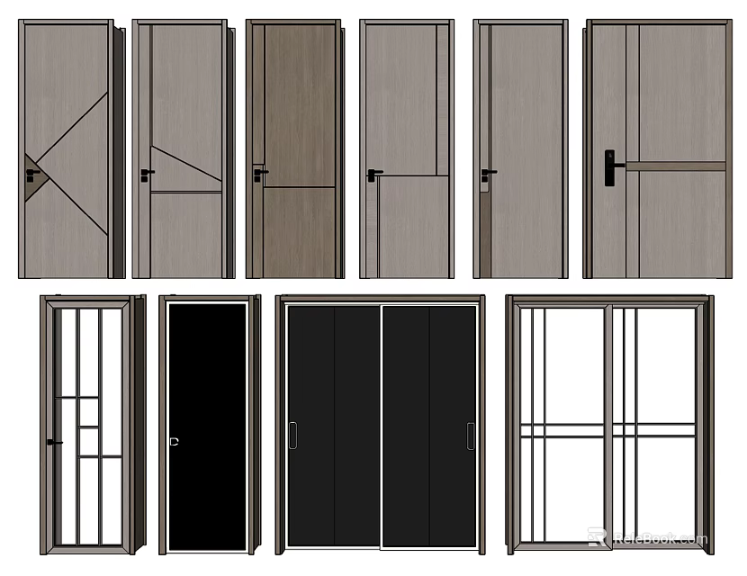 Modern Hinged Door Collection With Various Wooden Glass And Black Designs 3d model 