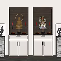 Traditional Wooden Wine Cabinets with Buddha Statue Candles Incense Burners and Marble Pillars