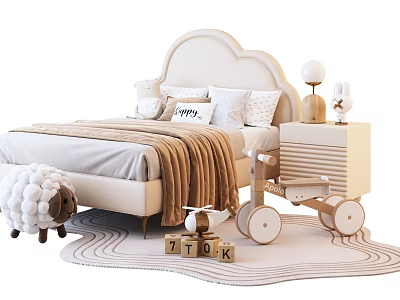Beige Kids Bed With Cloud Shaped Headboard Happy Pillow Plush Sheep Alphabet Blocks Wooden Walker 3d model