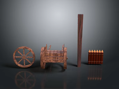 Rustic Wooden Cart Featuring Spoked Wheel Long Pole And Fence 3d model
