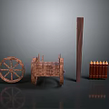 Rustic Wooden Cart Featuring Spoked Wheel Long Pole And Fence