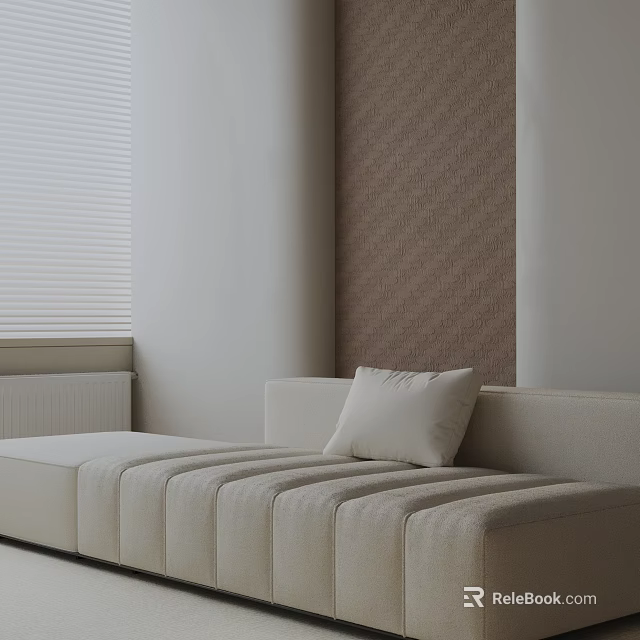 Light Modern Three Seater Sofa With White Cushion Brown Textured Wall And Window Blinds 3d model 