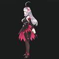 Anime Style Woman With Long Silver Hair Pink Accessories Black Pink Feather Dress