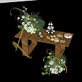 Elegant Wooden Table Setup With Fresh Flower Arrangement Dessert Tower And Green Plants