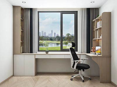 Modern Study Room With Large Window City Lake View Writing Desk Bookshelf And Ergonomic Chair 3d model