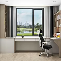 Modern Study Room With Large Window City Lake View Writing Desk Bookshelf And Ergonomic Chair