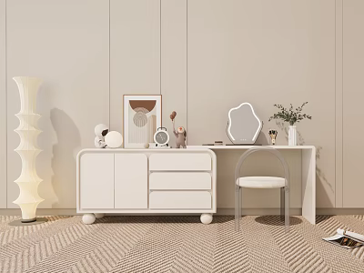 Modern White Dressing Table With Drawers Chair Mirror Vase Green Plant Light Wall Woven Carpet 3d model