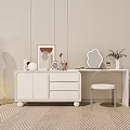 Modern White Dressing Table With Drawers Chair Mirror Vase Green Plant Light Wall Woven Carpet