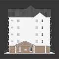Cartoon Scene Of Multi Story Building Model White Exterior Gray Roof Brown Brick Base Reflection