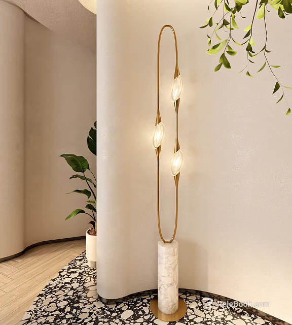 Modern Brass Floor Lamp With Three Bulbs And White Base Near Green Plant 3d model 