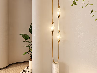 Modern Brass Floor Lamp With Three Bulbs And White Base Near Green Plant 3d model