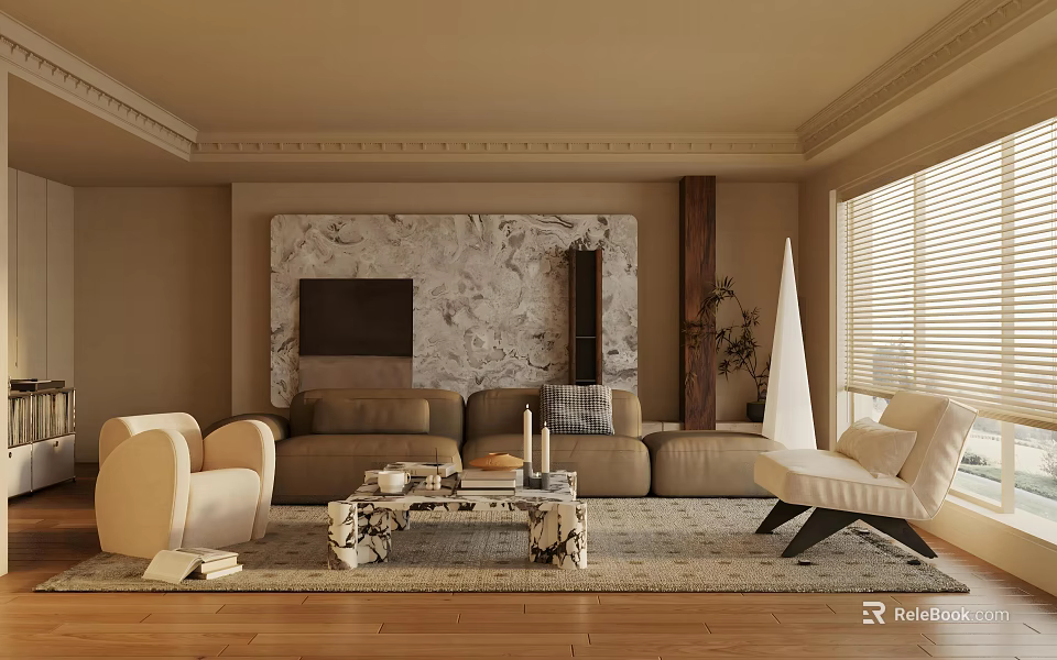 Modern Living Room Interior With Beige Sofa Coffee Table And Large Window 3d model 